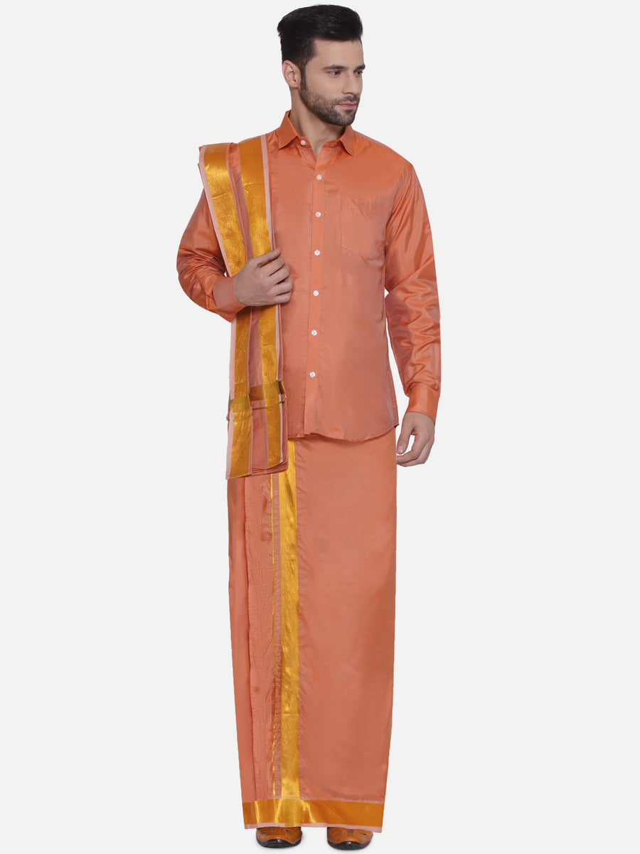 Men Solid Colour Art Silk Dhoti with Angavastram