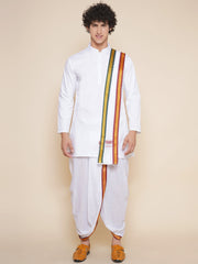 Men Cotton White Colour Kurta and Dhoti Pant with Angavastram Set