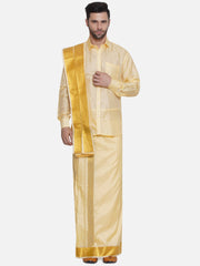 Men Self Design Art Silk Readymade Pocket Dhoti with Angavastram Set