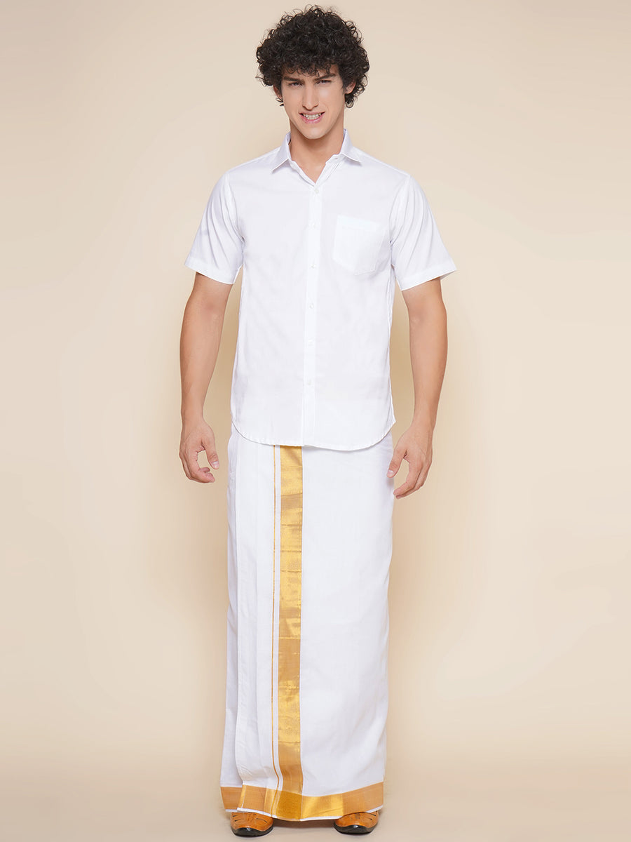Men Half Sleeve White Colour Shirt and Pocket Dhoti Set