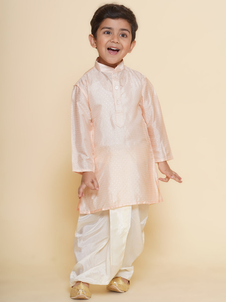 Boys Solid Colour Art Silk Self Design Kurta with Dhotipant