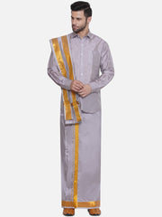 Men Solid Colour Art Silk Dhoti with Angavastram