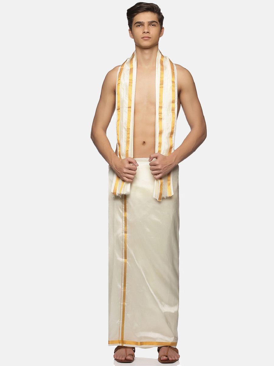 Men Cream Art Silk Readymade Dhoti With Angavastram Set