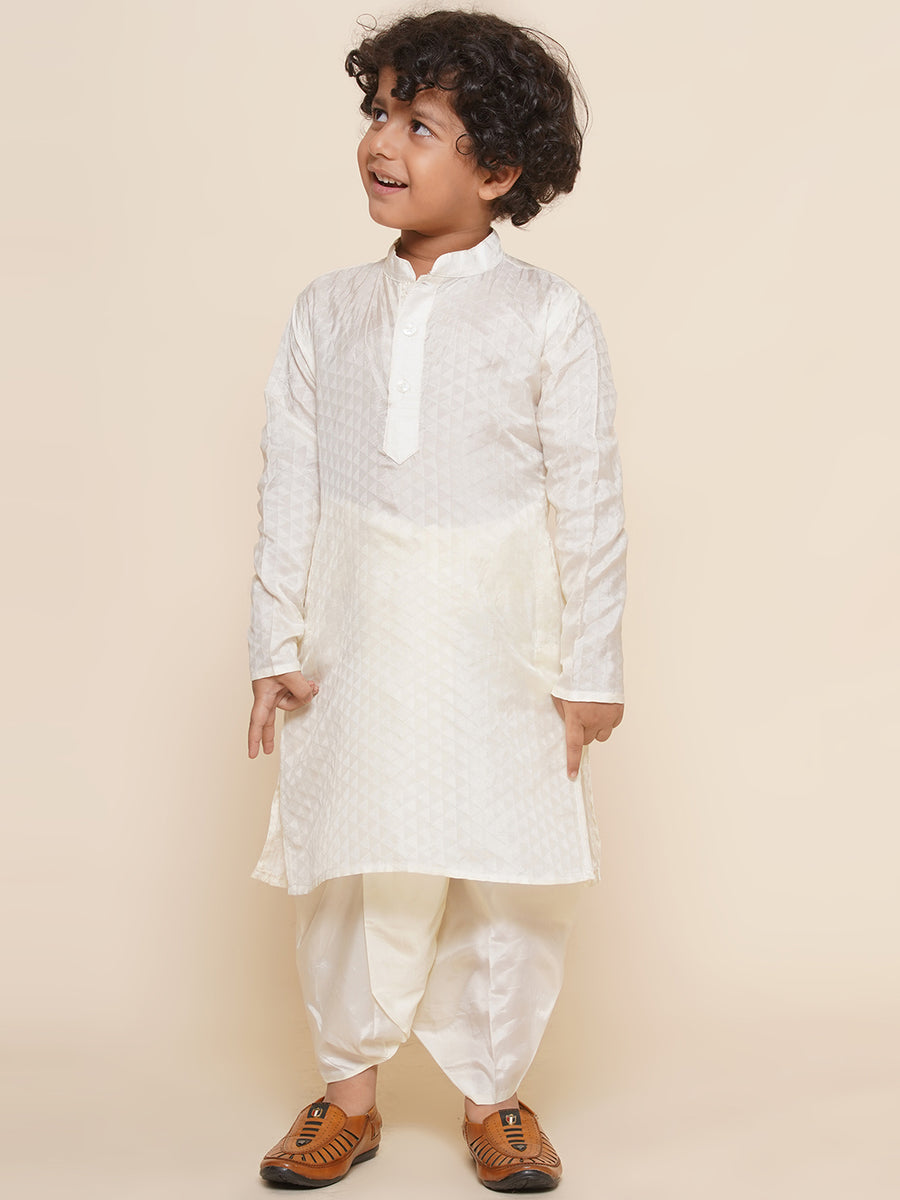 Boys Off White Colour Art Silk Kurta Dhoti Pant Set