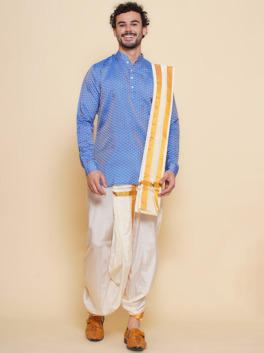 Sethukrishna Mens Self Design Short Kurta and Dhotipant with Angavastram Set