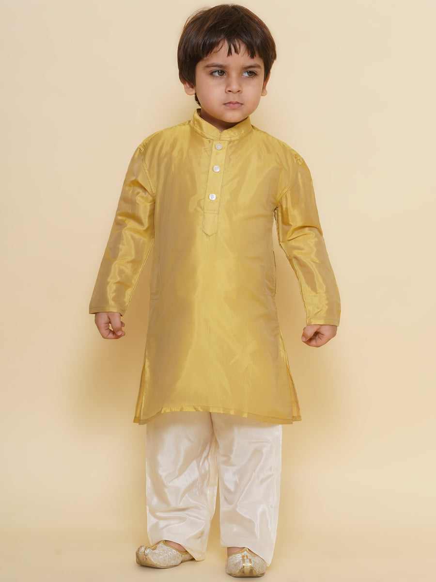 Boys Solid Colour Art Silk Kurta with Pyjama