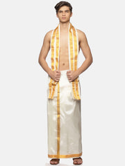 Men Cream Art Silk Readymade Dhoti With Angavastram Set