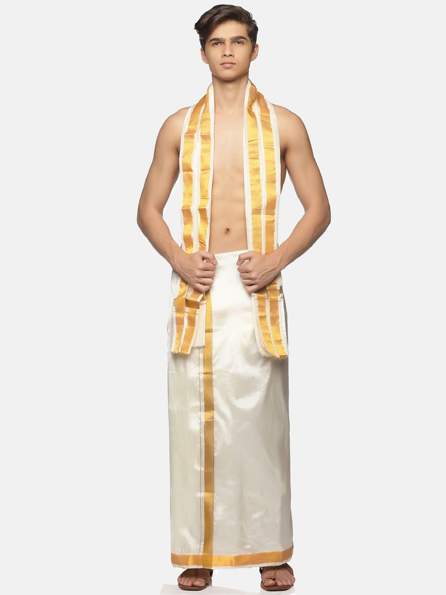 Men Cream Art Silk Readymade Dhoti With Angavastram Set
