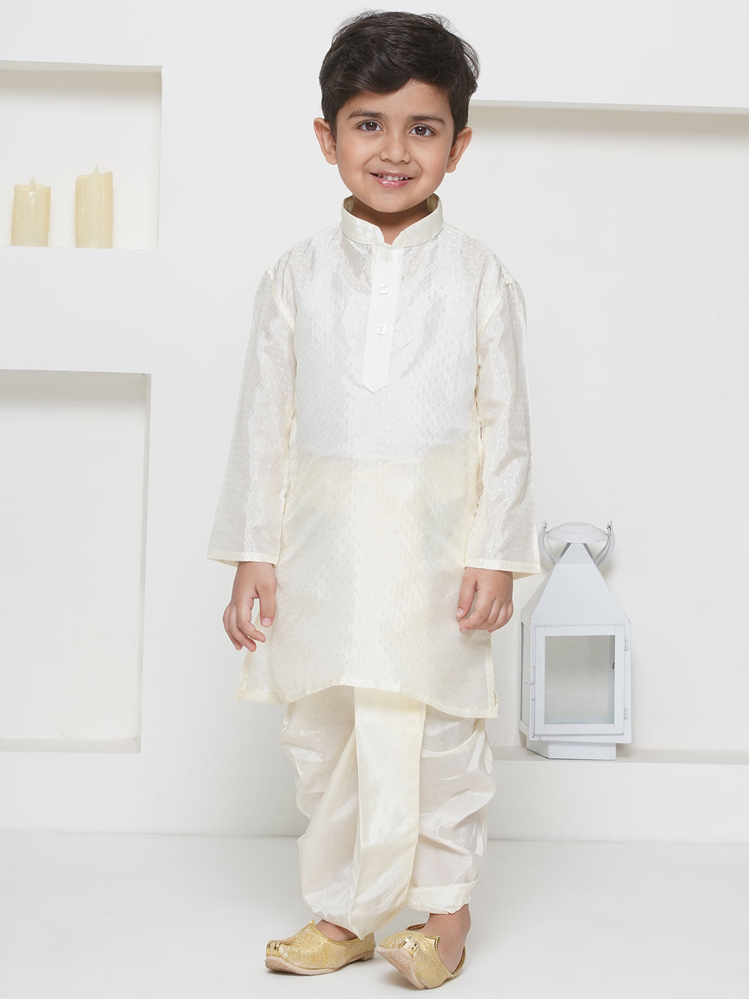 Boys Solid Colour Art Silk Self Design Kurta with Dhotipant