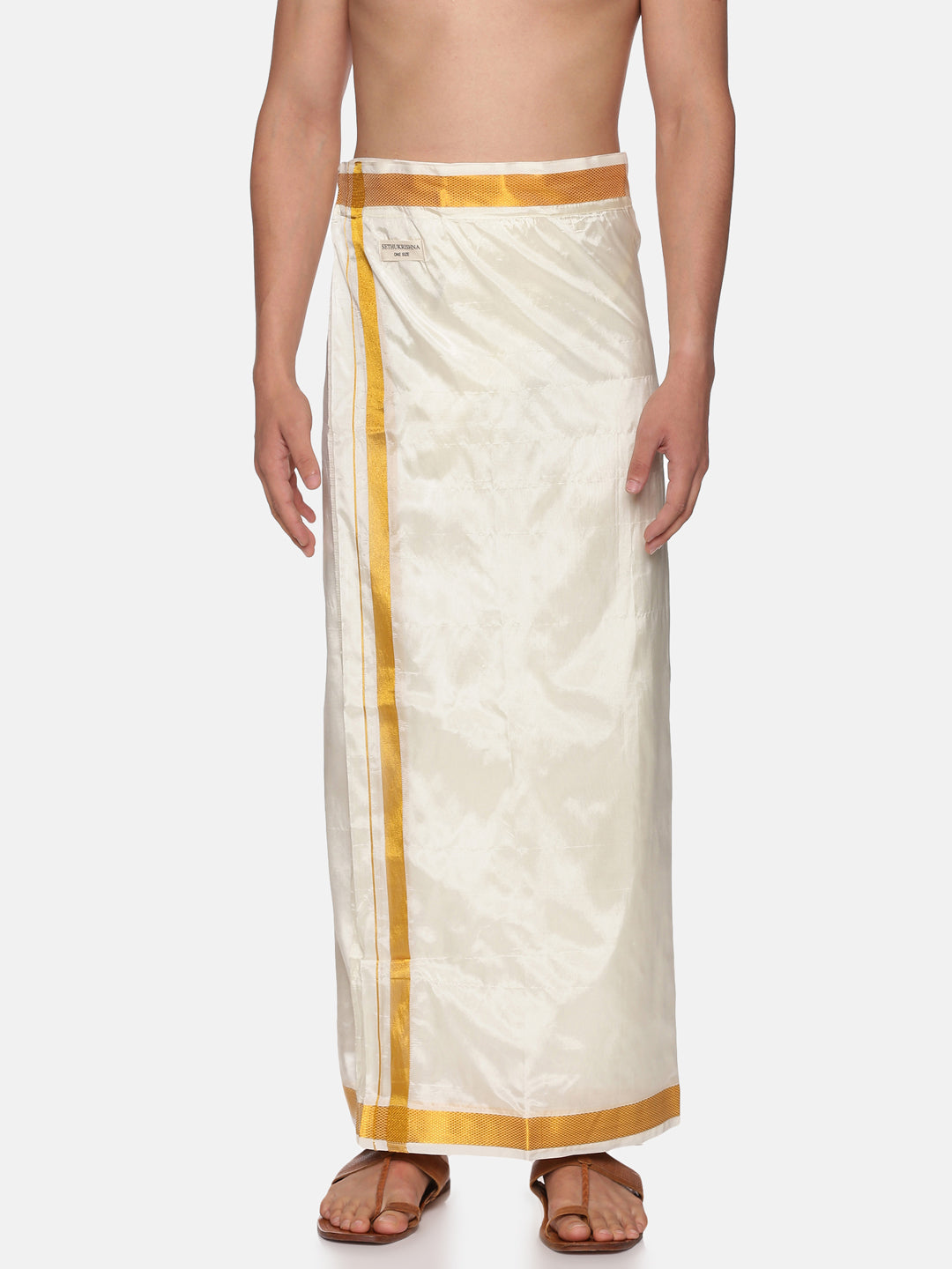 Men Cream Colour Art Silk Readymade Pocket Dhoti