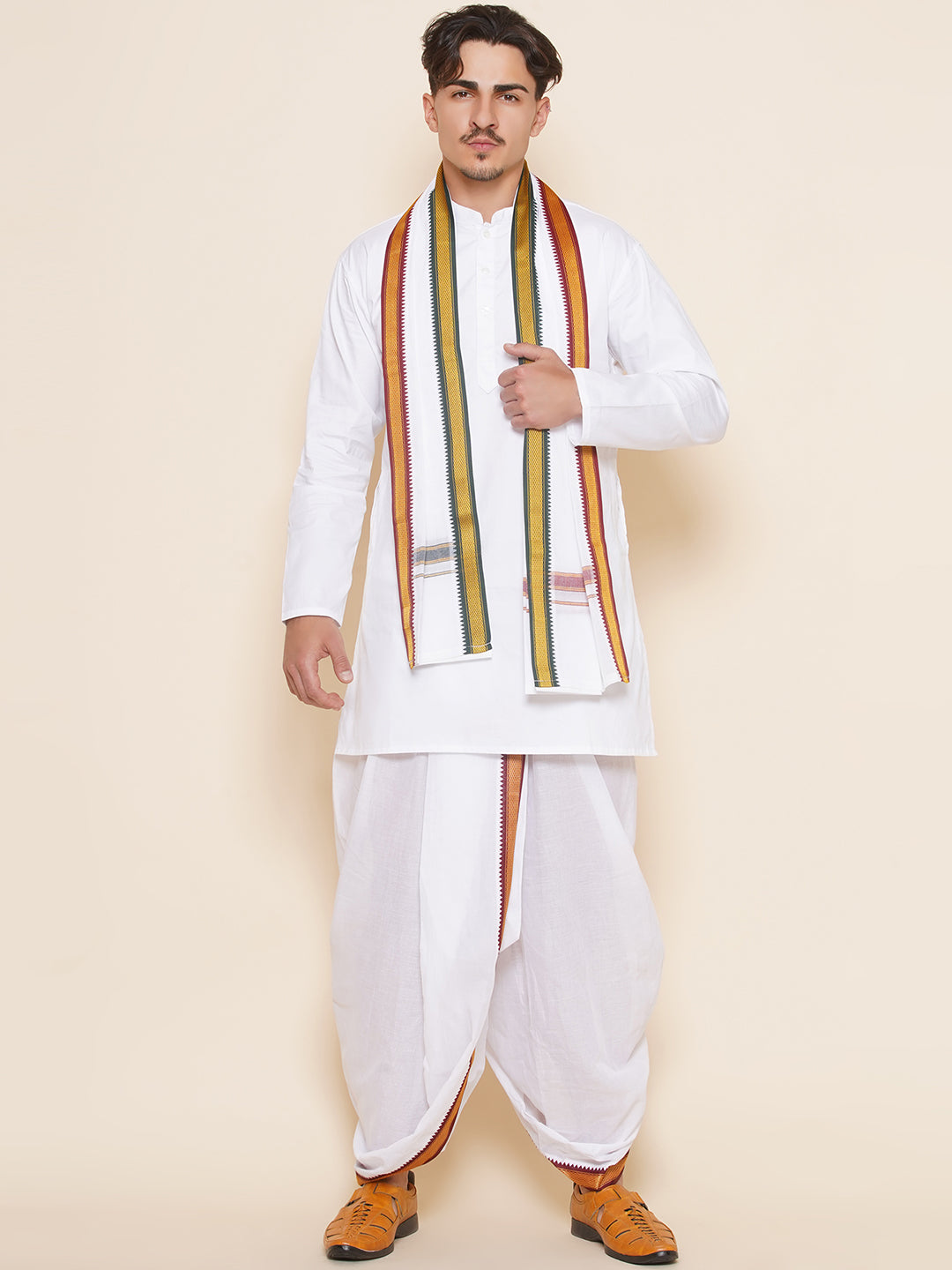 Men Cotton White Colour Kurta and Dhoti Pant with Angavastram Set