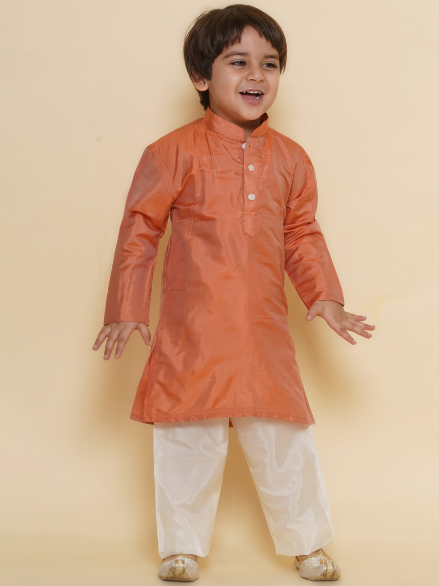 Boys Solid Colour Art Silk Kurta with Pyjama