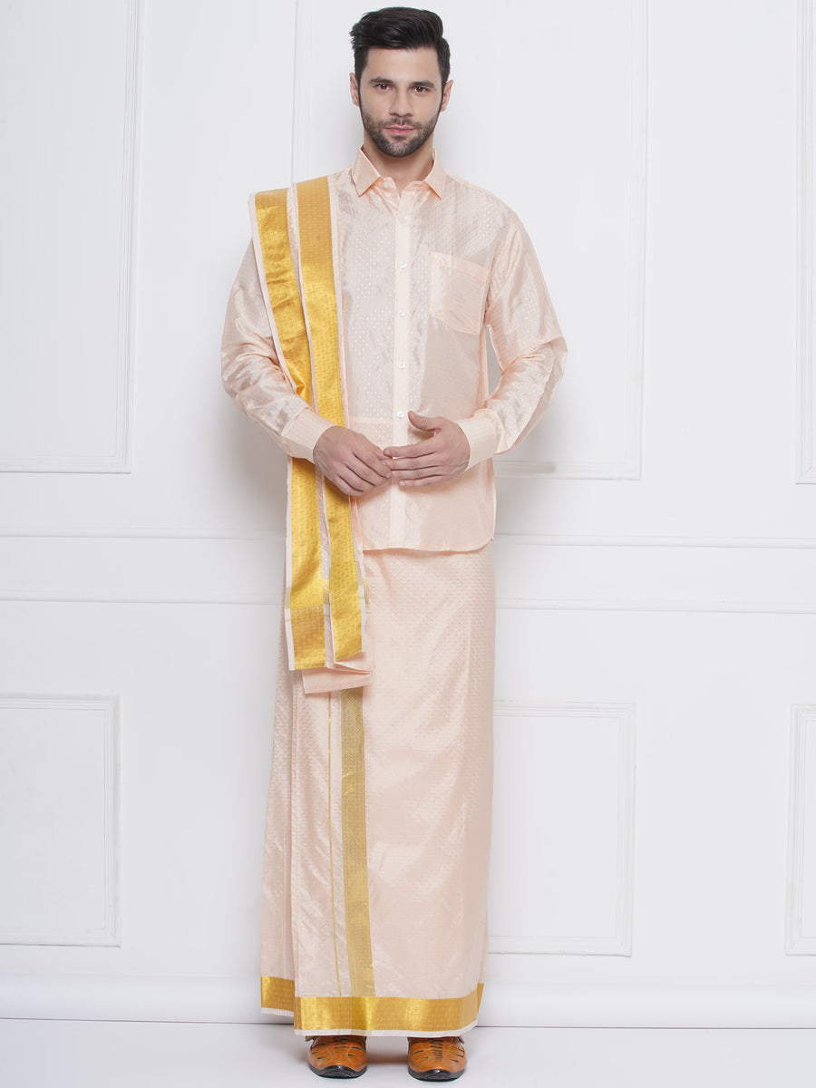 Men Self Design Art Silk Readymade Pocket Dhoti with Angavastram Set