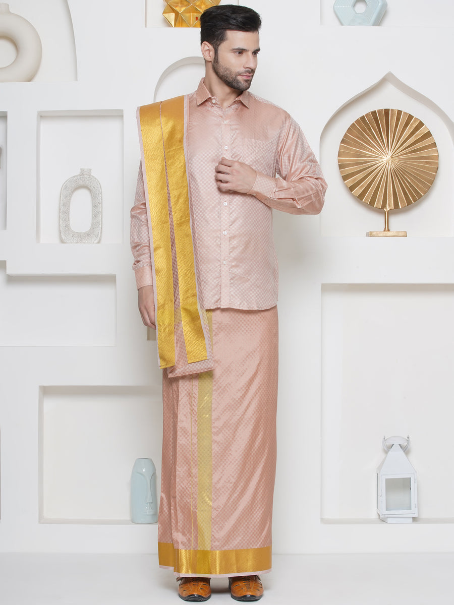 Men Self Design Art Silk Readymade Pocket Dhoti with Angavastram Set