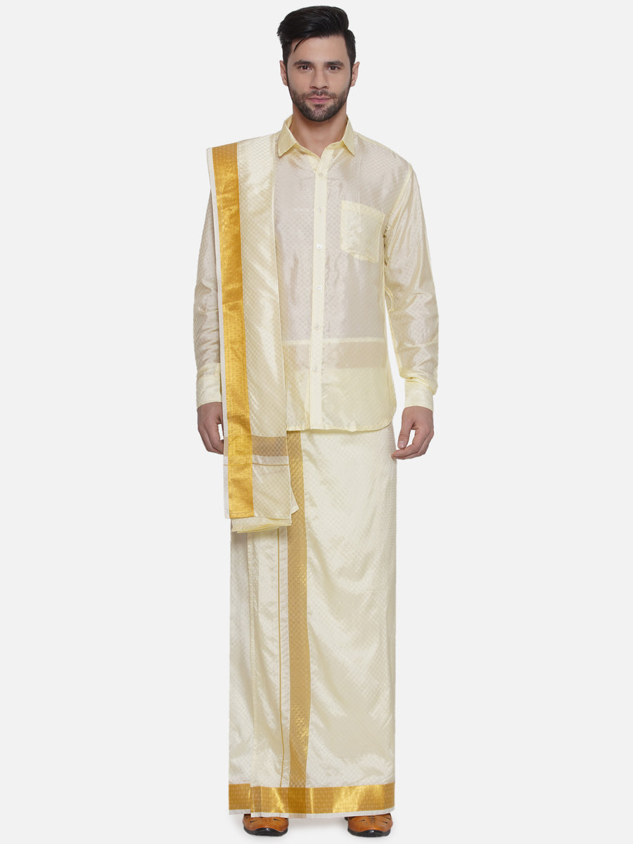 Men Self Design Art Silk Readymade Pocket Dhoti with Angavastram Set