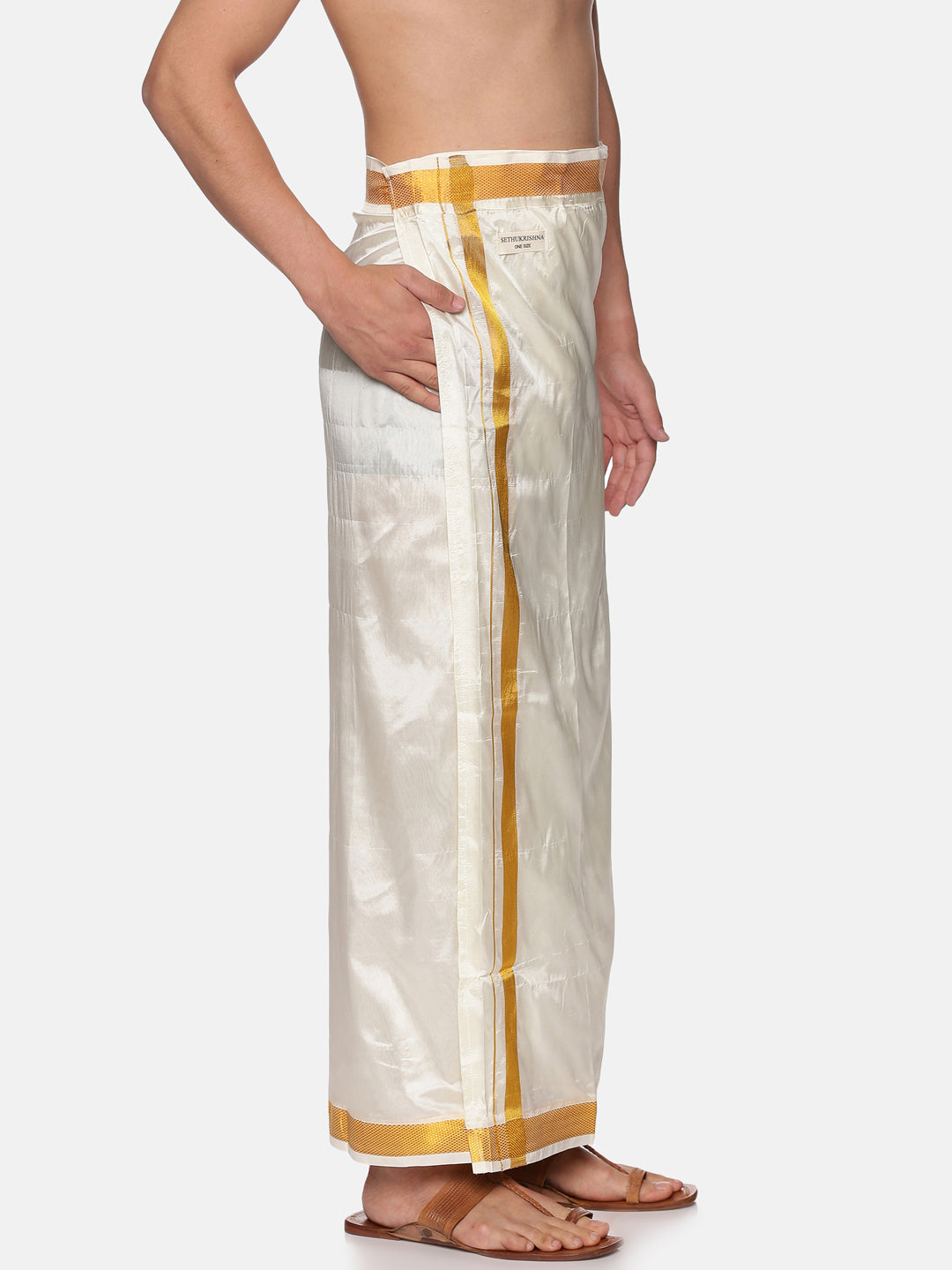 Men Cream Colour Art Silk Readymade Pocket Dhoti