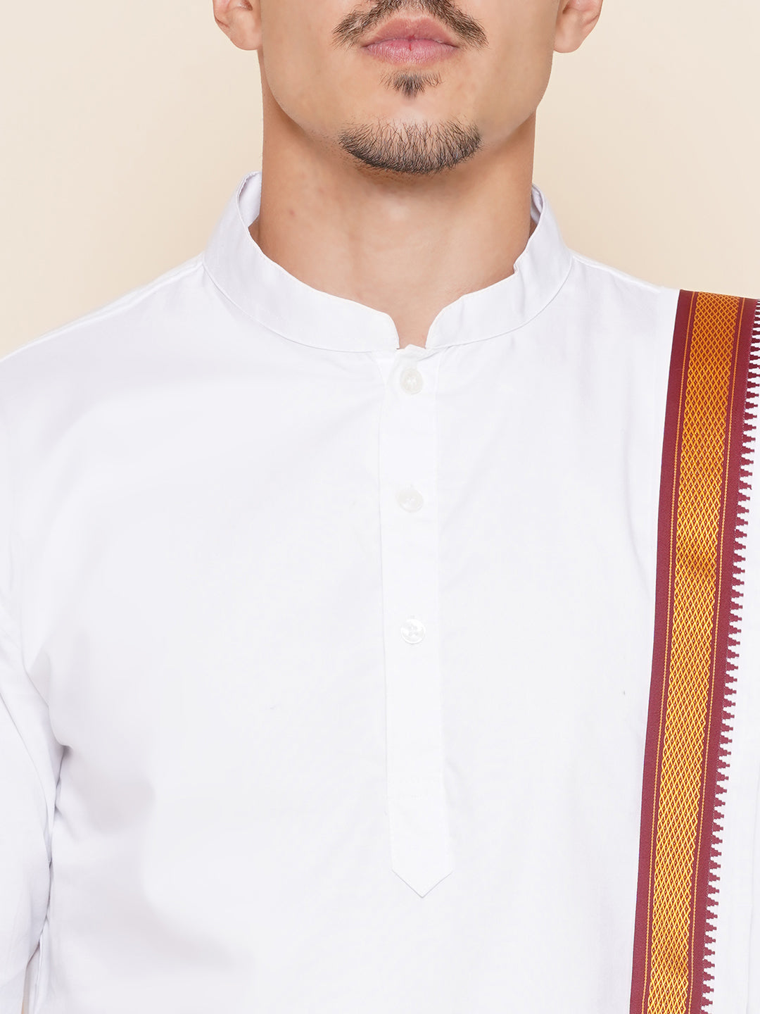 Men Cotton White Colour Kurta and Dhoti Pant with Angavastram Set