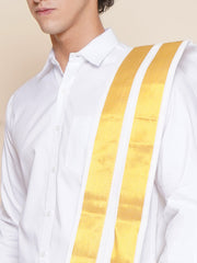 Men Full Sleeve White Colour Shirt and Pocket Dhoti with Angavastram Set