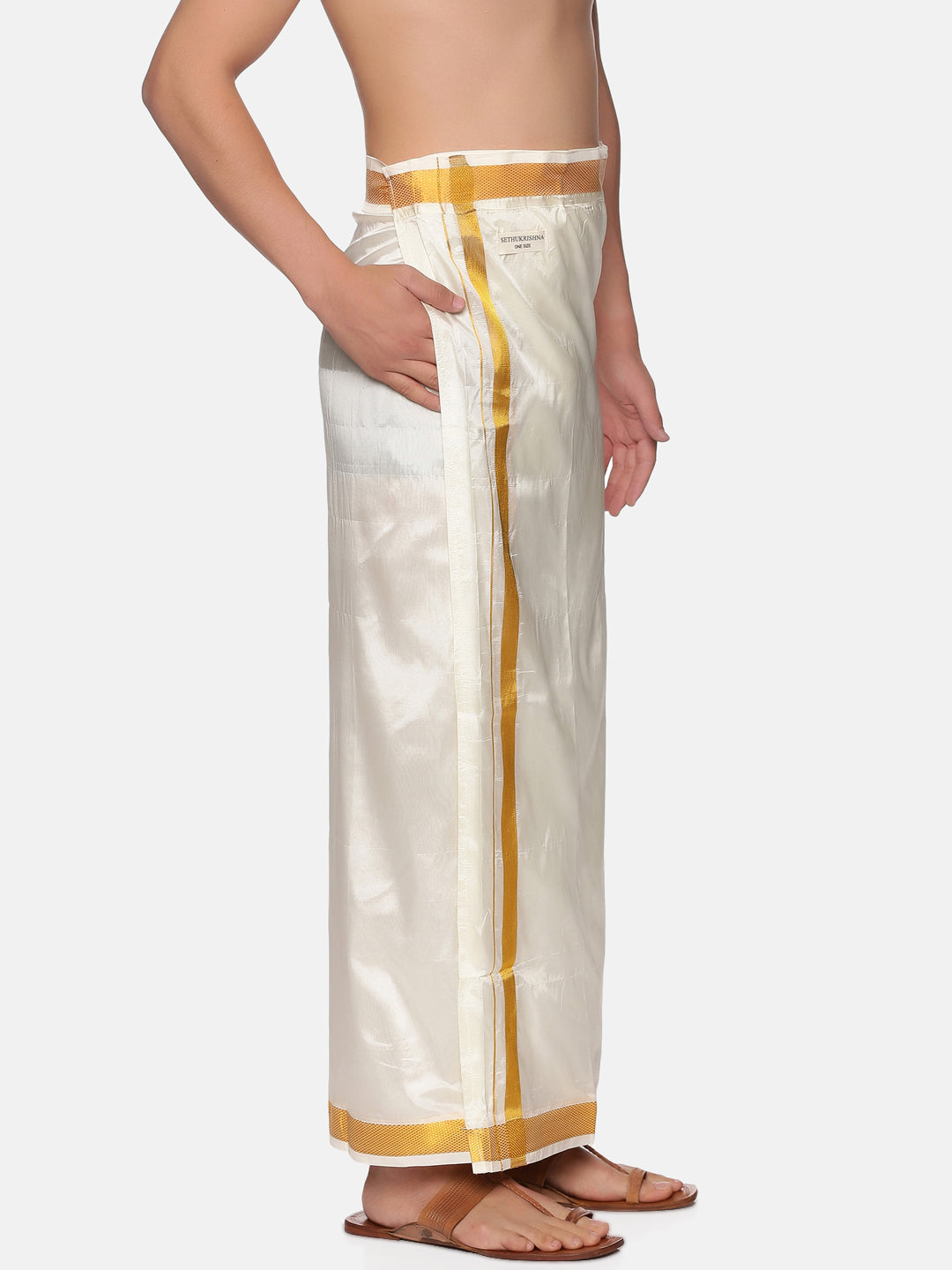 Men Cream Colour Art Silk Readymade Pocket Dhoti
