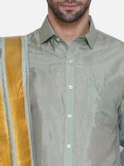 Men Solid Colour Art Silk Dhoti with Angavastram