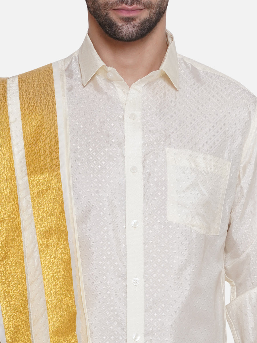 Men Self Design Art Silk Readymade Pocket Dhoti with Angavastram Set