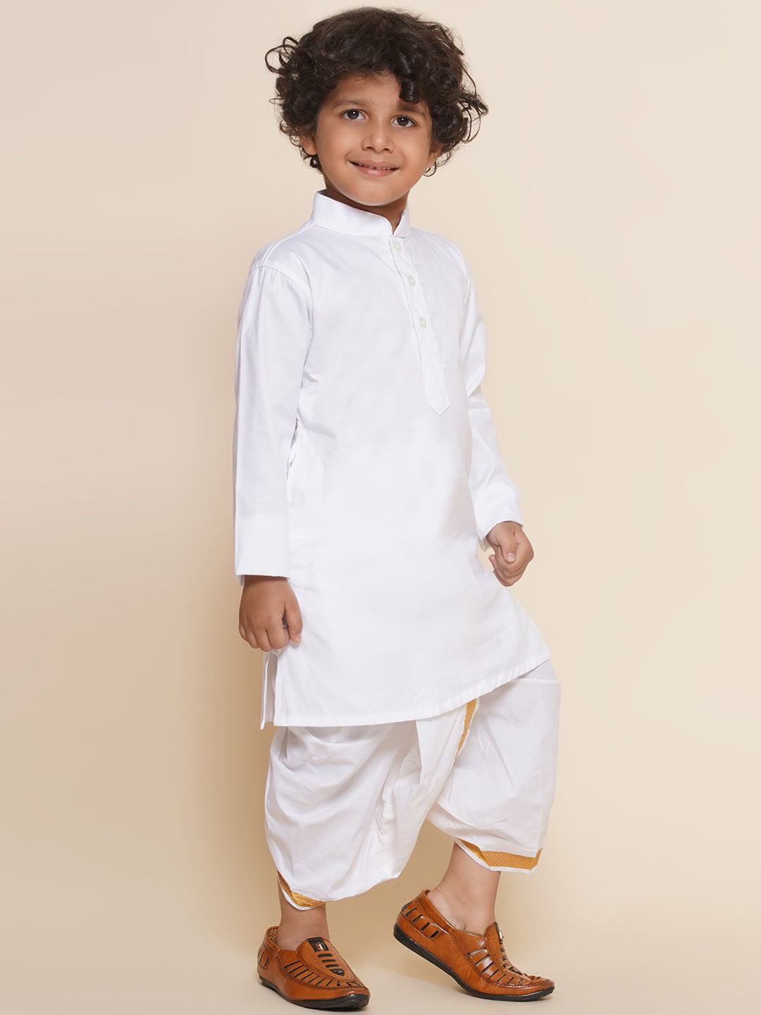 Boys White Colour Cotton Kurta Dhoti Pant Set