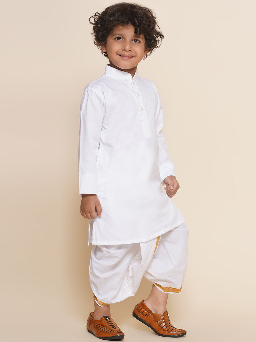 Boys White Colour Cotton Kurta Dhoti Pant Set