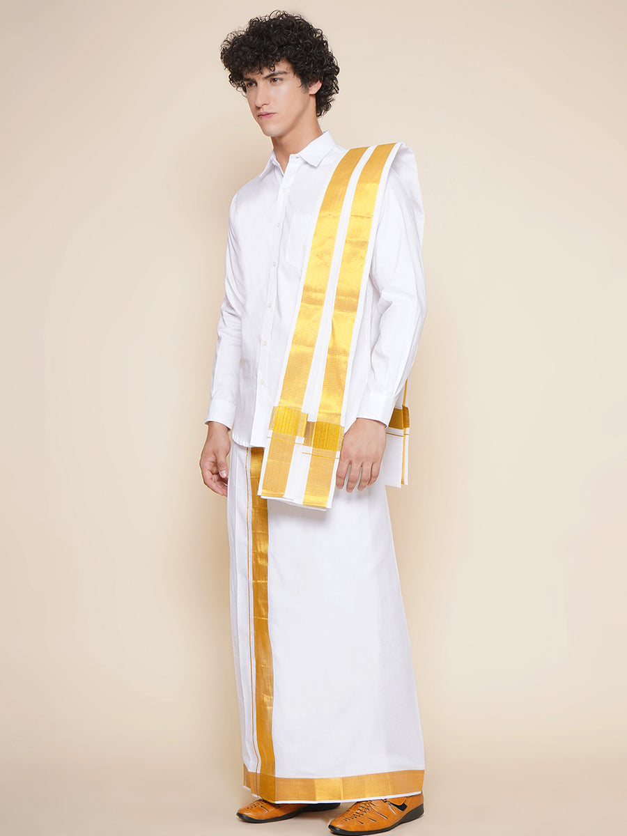 Men Full Sleeve White Colour Shirt and Pocket Dhoti with Angavastram Set
