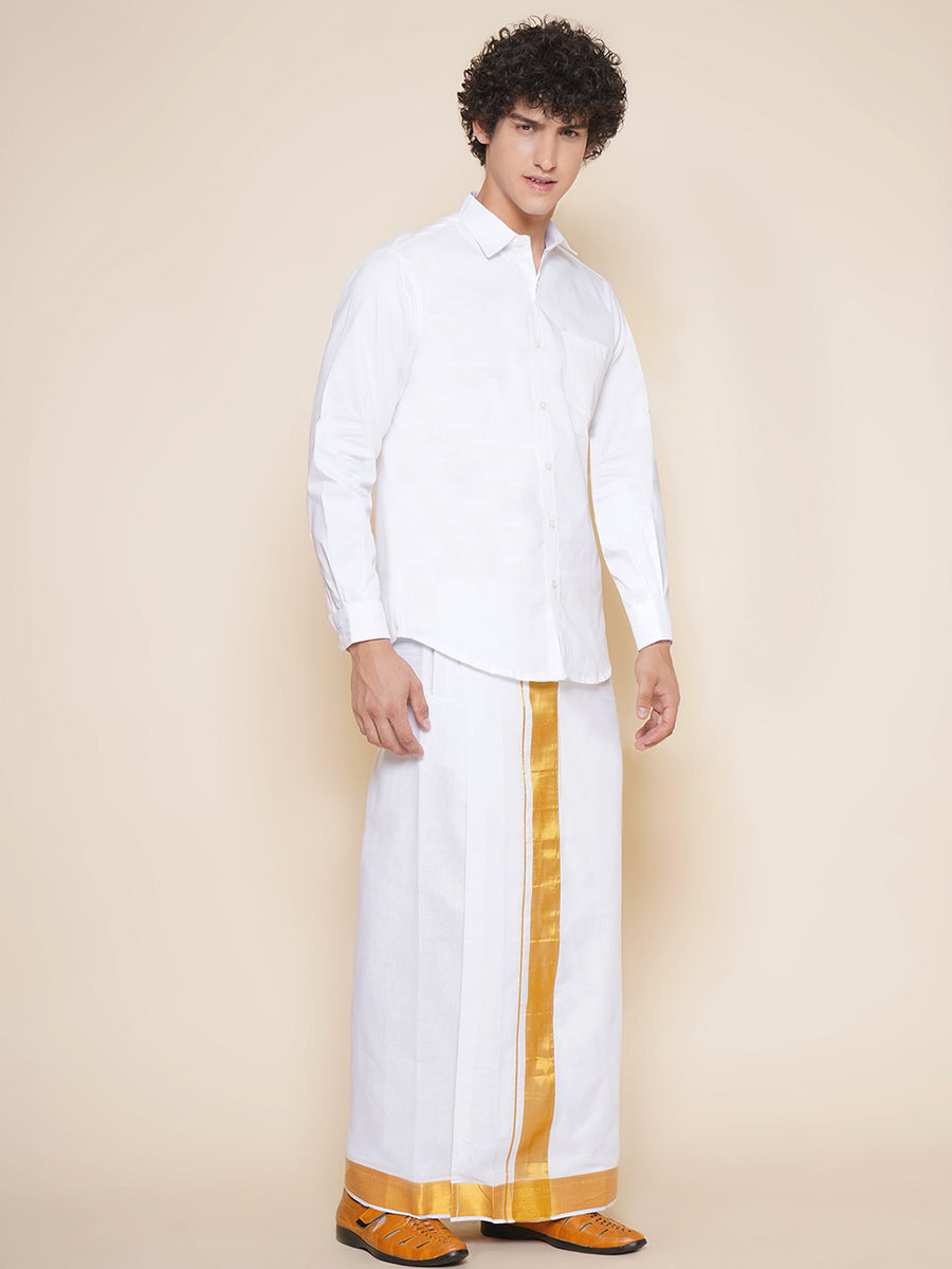 Men Full Sleeve White Colour Shirt and Pocket Dhoti Set