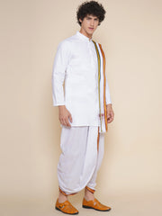 Men Cotton White Colour Kurta and Dhoti Pant with Angavastram Set