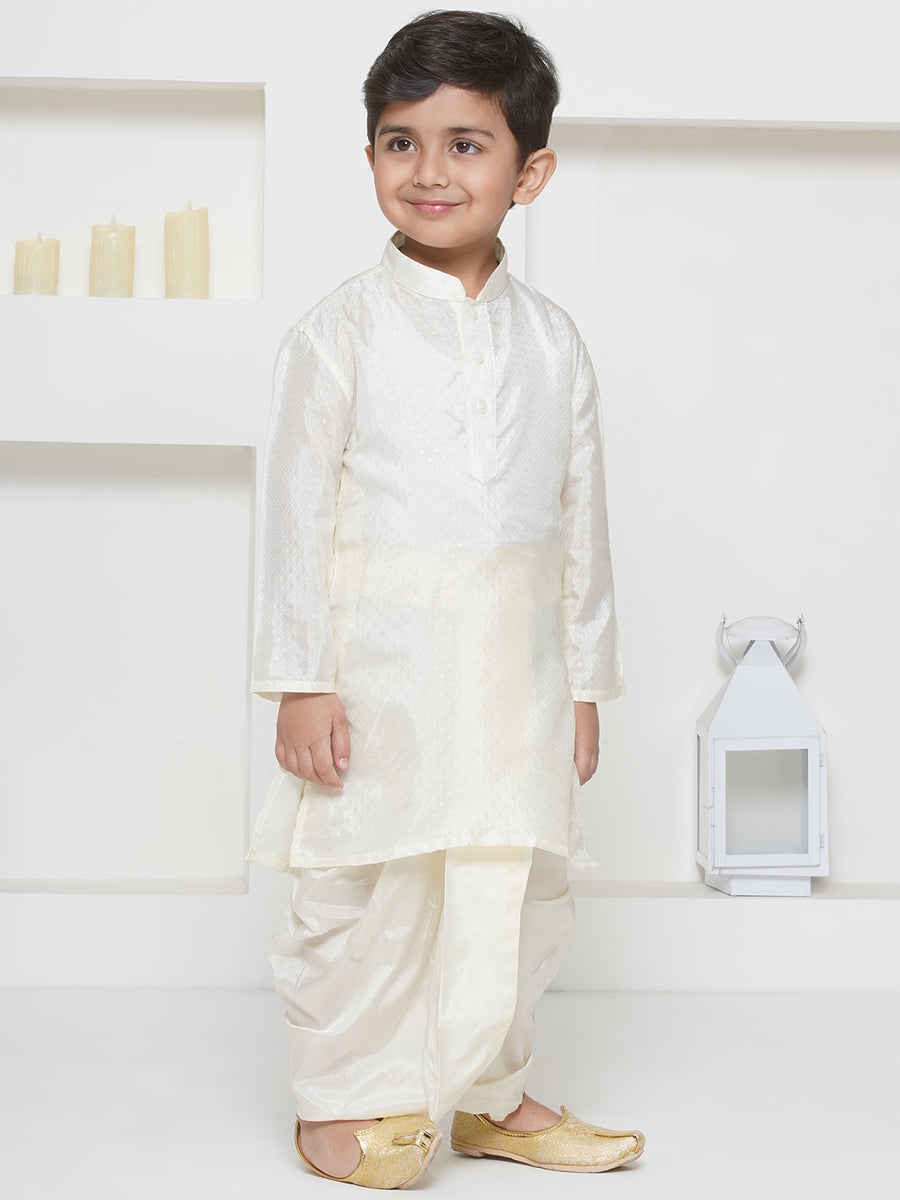 Boys Solid Colour Art Silk Self Design Kurta with Dhotipant
