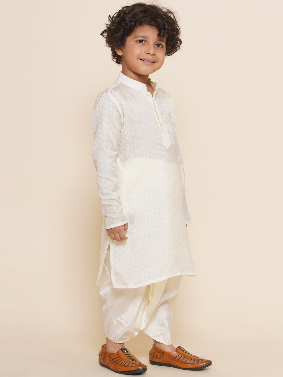 Boys Off White Colour Art Silk Kurta Dhoti Pant Set