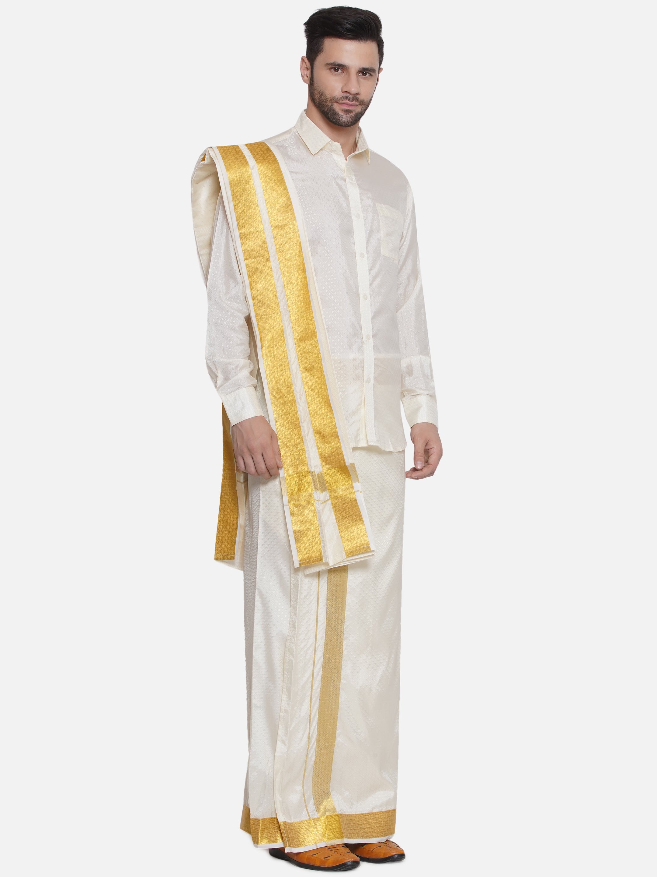 Men Self Design Art Silk Readymade Pocket Dhoti with Angavastram Set