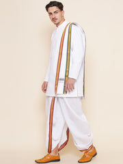 Men Cotton White Colour Kurta and Dhoti Pant with Angavastram Set