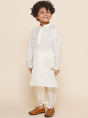 Boys Off White Colour Art Silk Kurta Dhoti Pant Set
