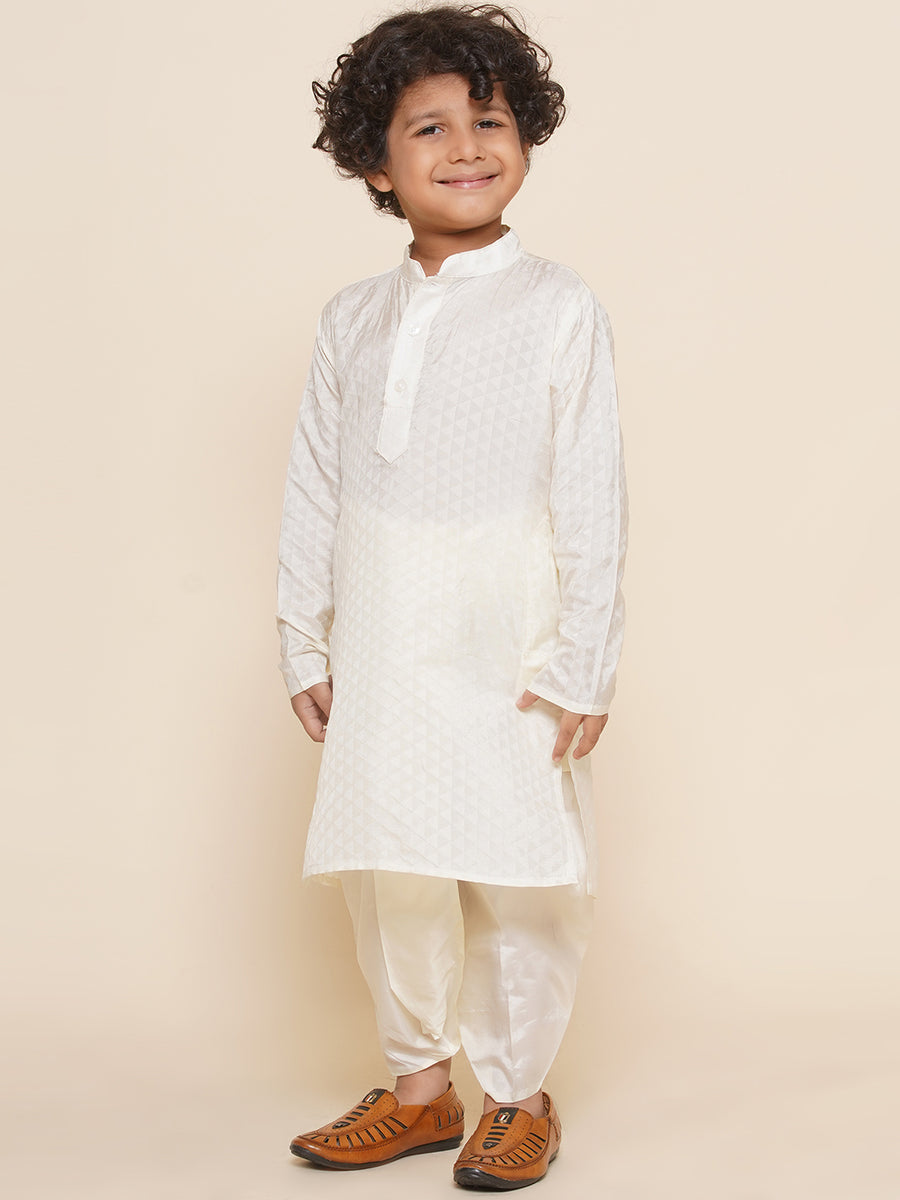 Boys Off White Colour Art Silk Kurta Dhoti Pant Set