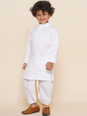 Boys White Colour Cotton Kurta Dhoti Pant Set