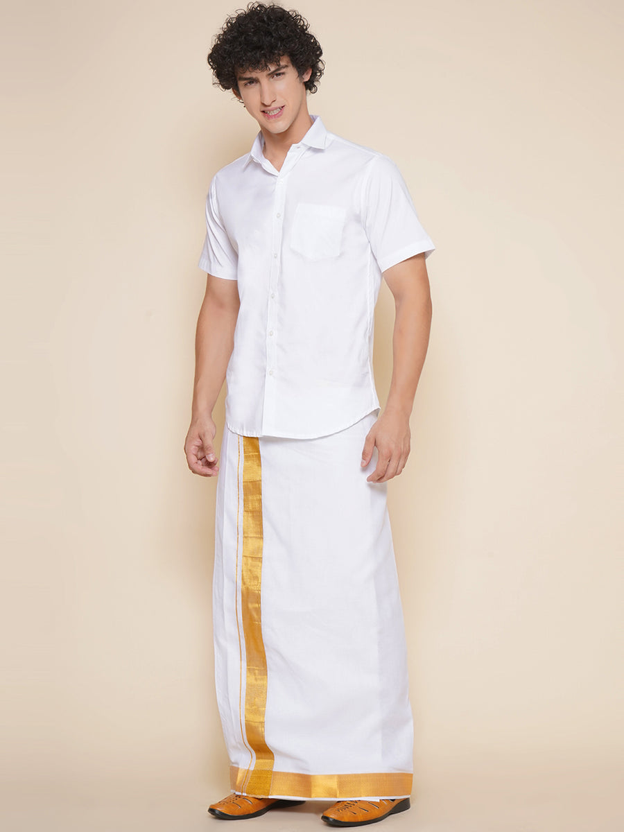 Men Half Sleeve White Colour Shirt and Pocket Dhoti Set