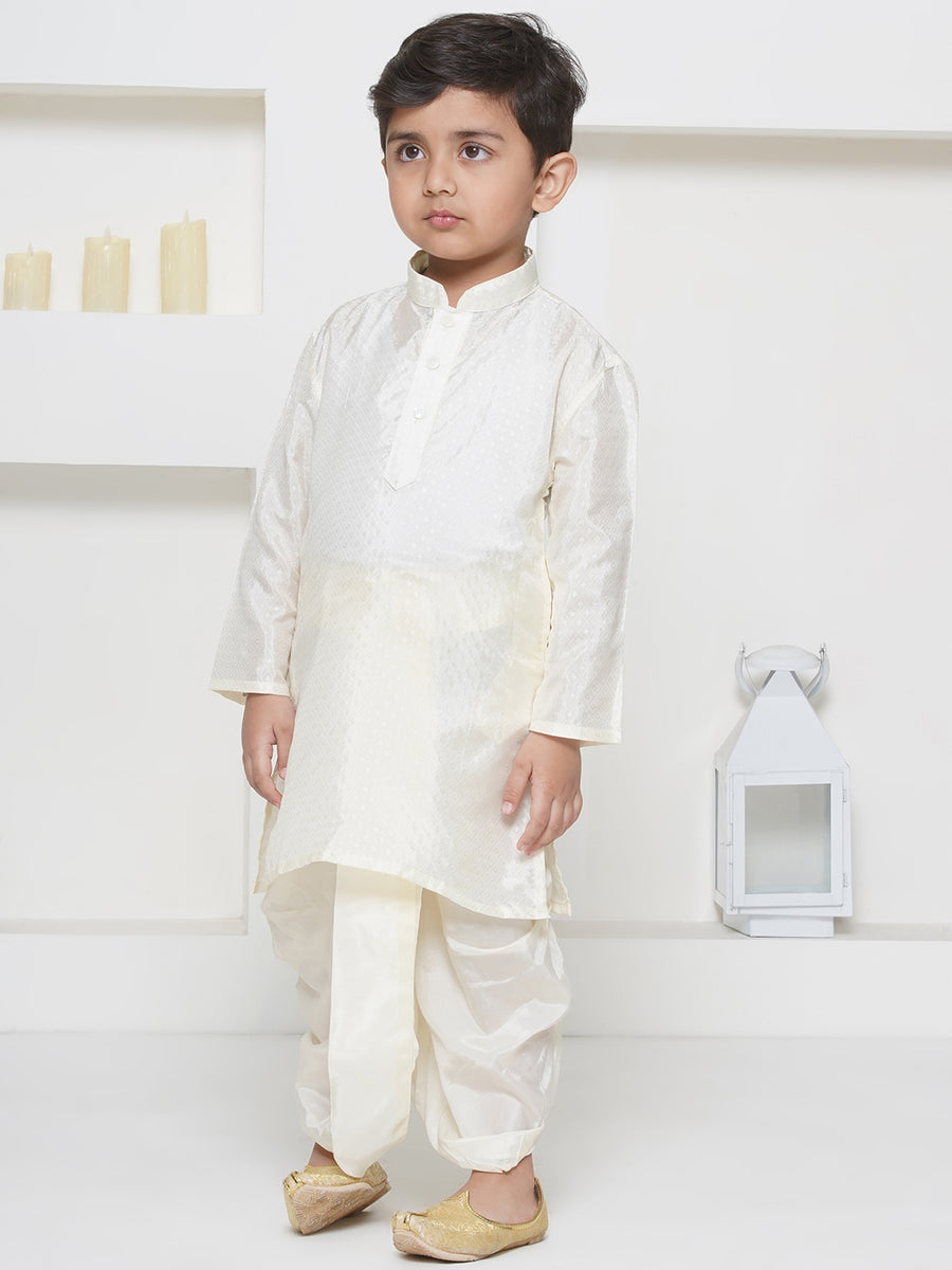 Boys Solid Colour Art Silk Self Design Kurta with Dhotipant