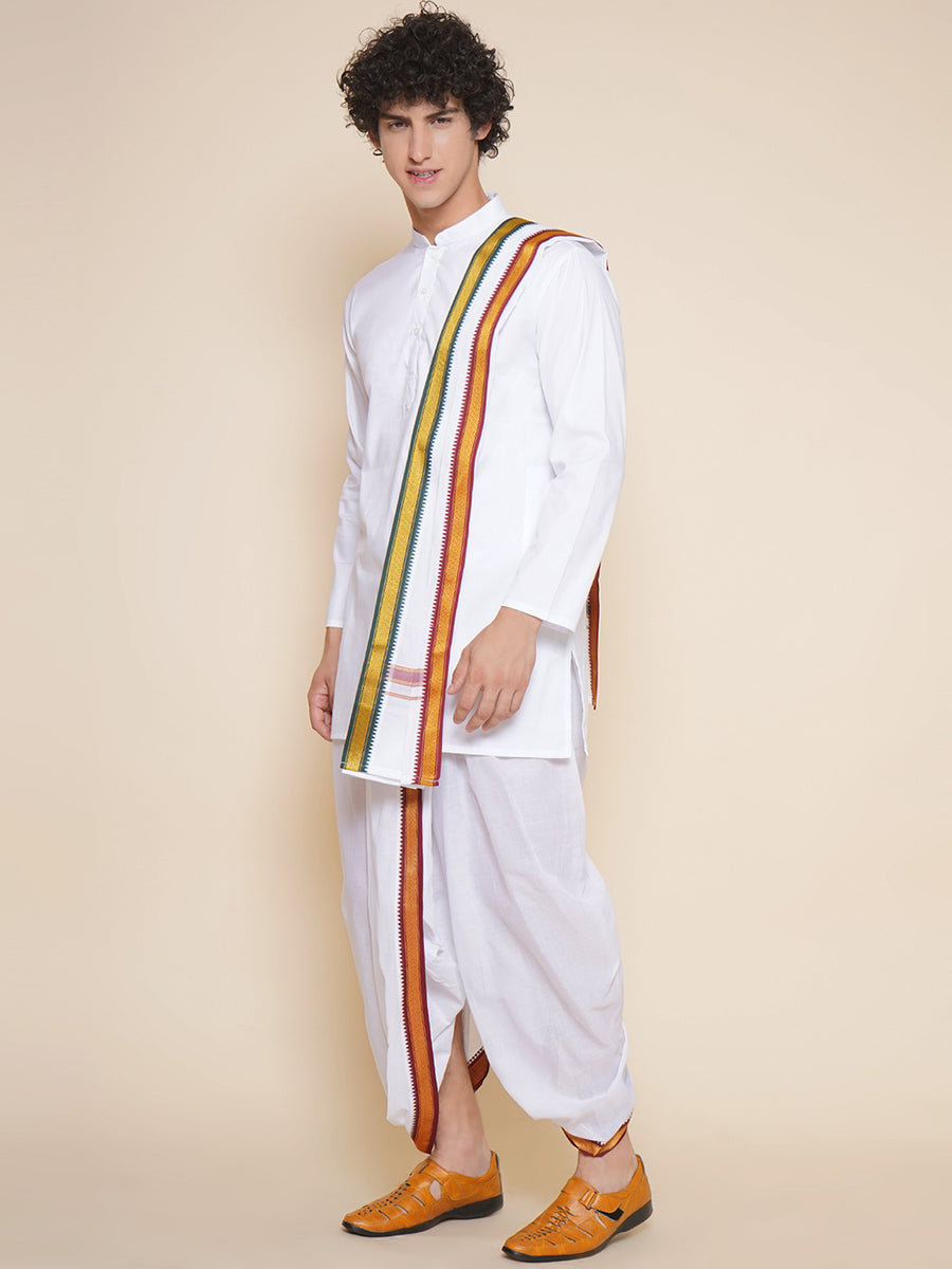 Men Cotton White Colour Kurta and Dhoti Pant with Angavastram Set