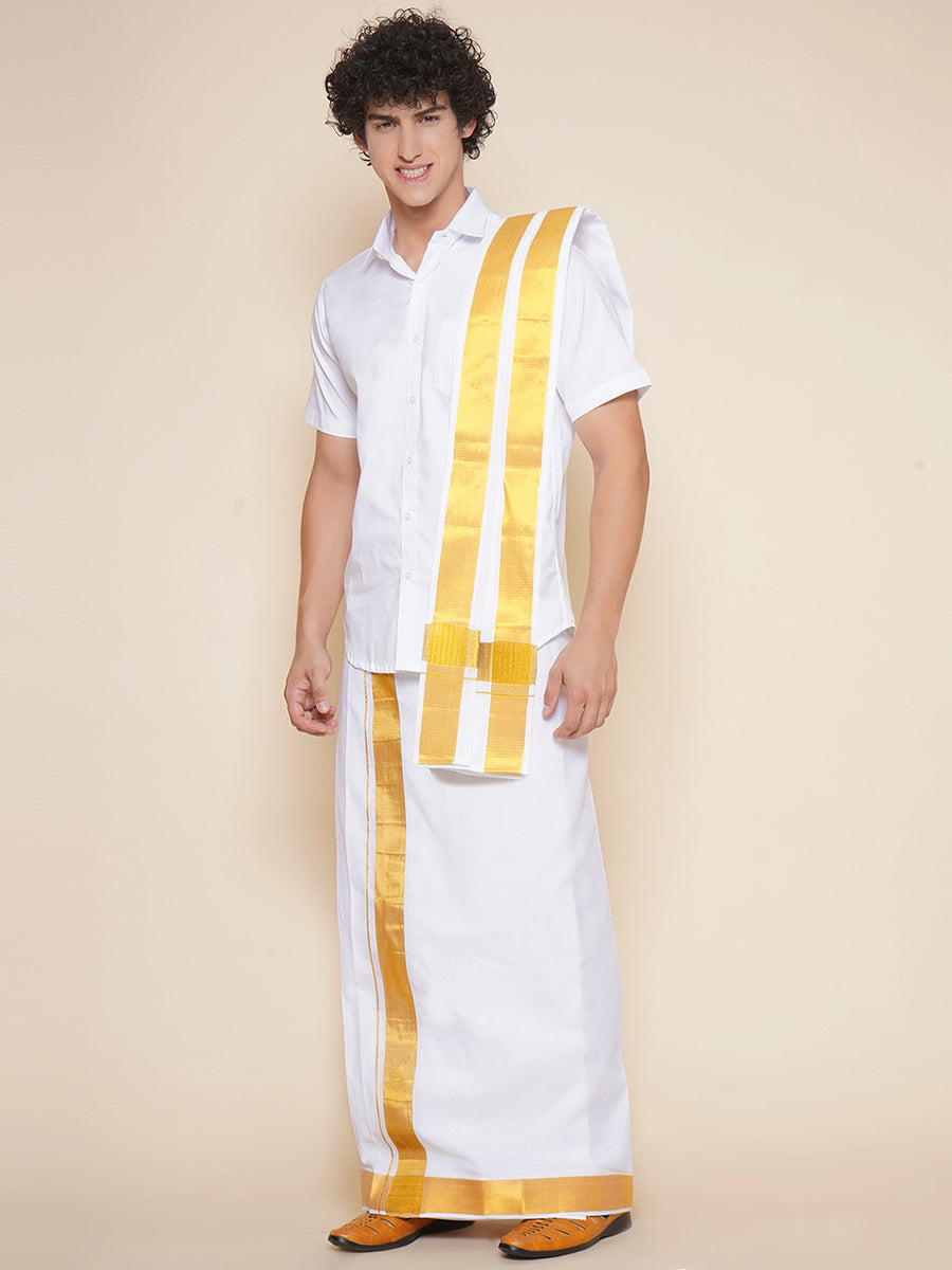 Men Half Sleeve White Colour Shirt and Pocket Dhoti with Angavastram Set