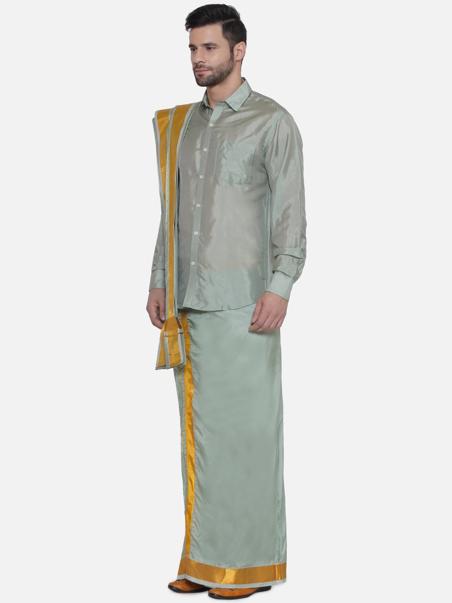 Men Solid Colour Art Silk Dhoti with Angavastram