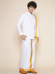 Men Full Sleeve White Colour Shirt and Pocket Dhoti with Angavastram Set