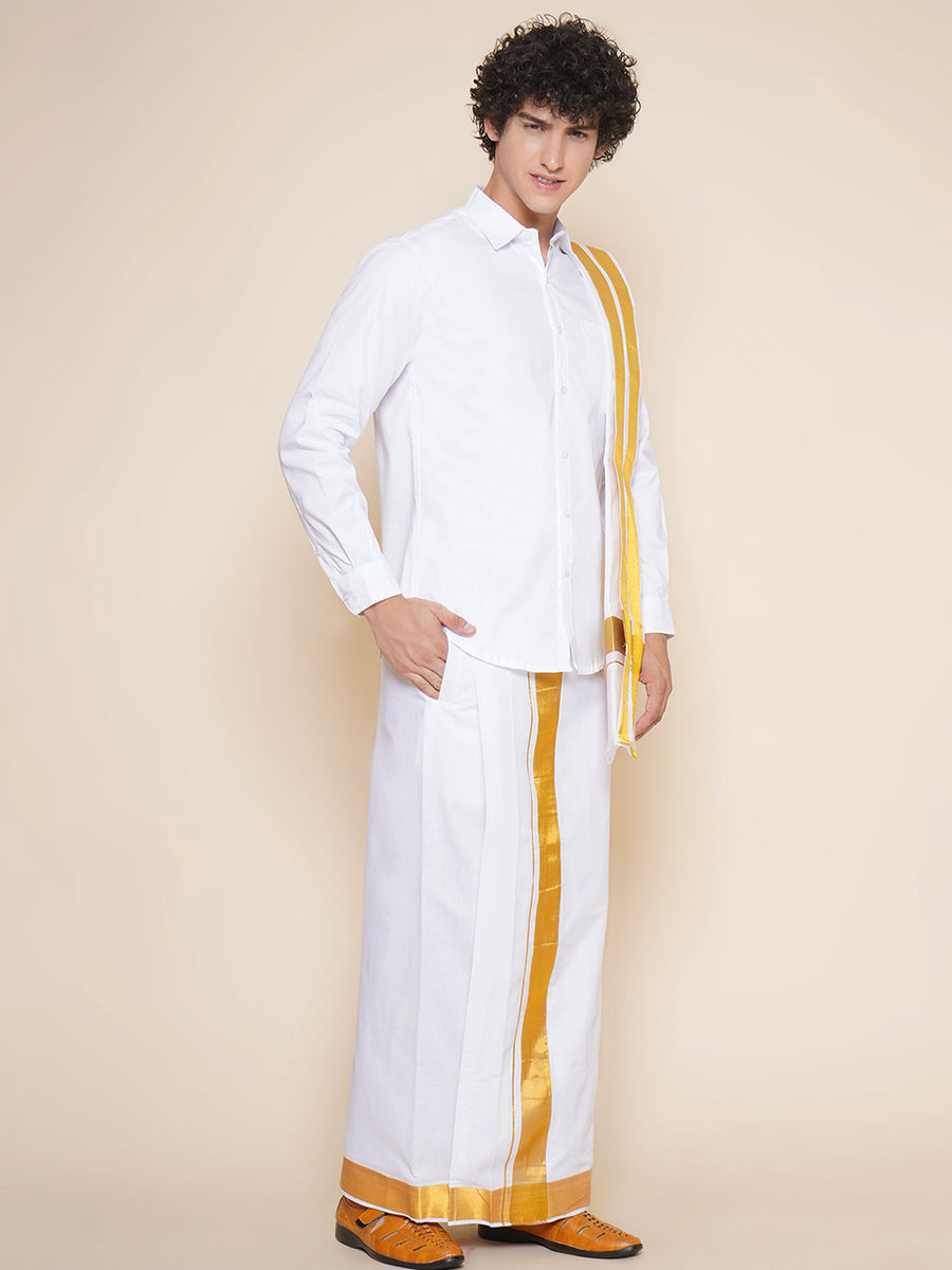 Men Full Sleeve White Colour Shirt and Pocket Dhoti with Angavastram Set