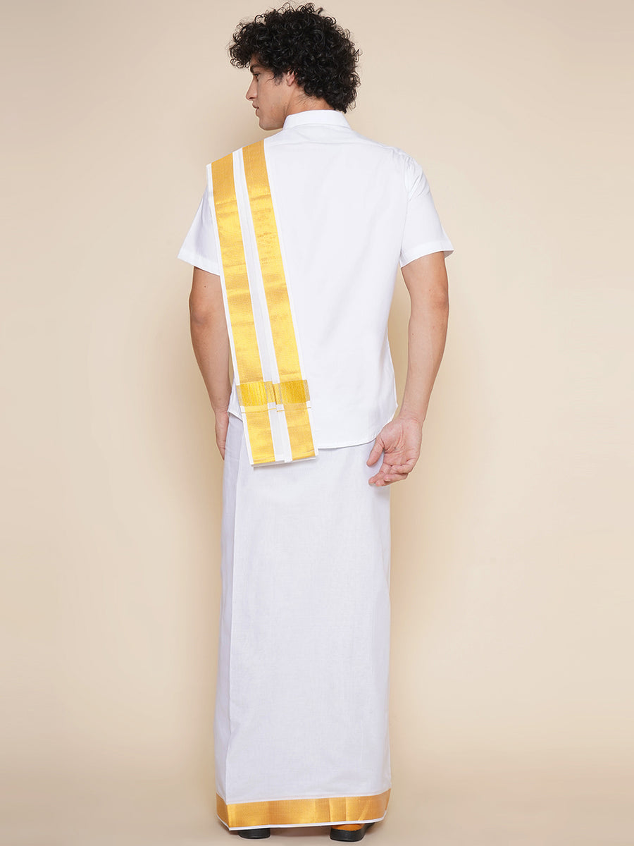 Men Half Sleeve White Colour Shirt and Pocket Dhoti with Angavastram Set
