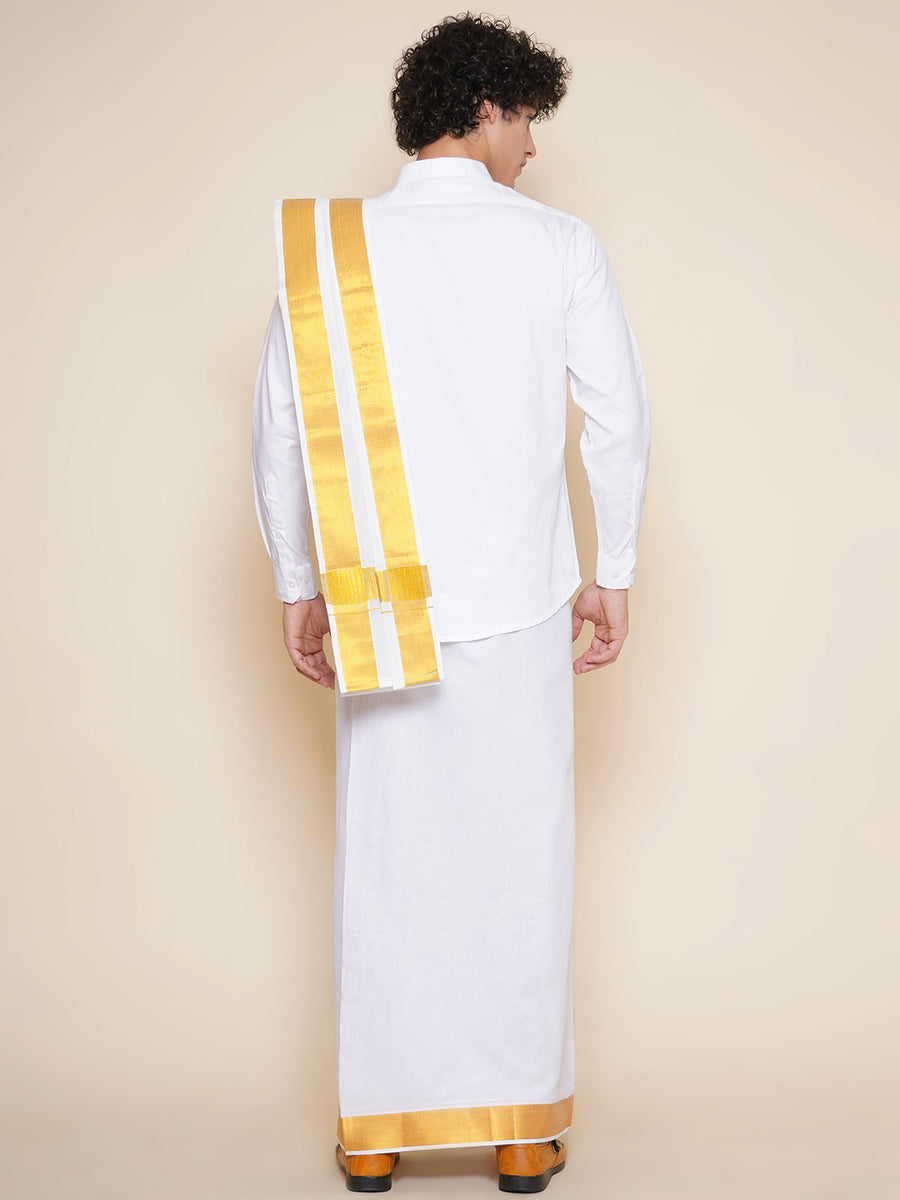 Men Full Sleeve White Colour Shirt and Pocket Dhoti with Angavastram Set
