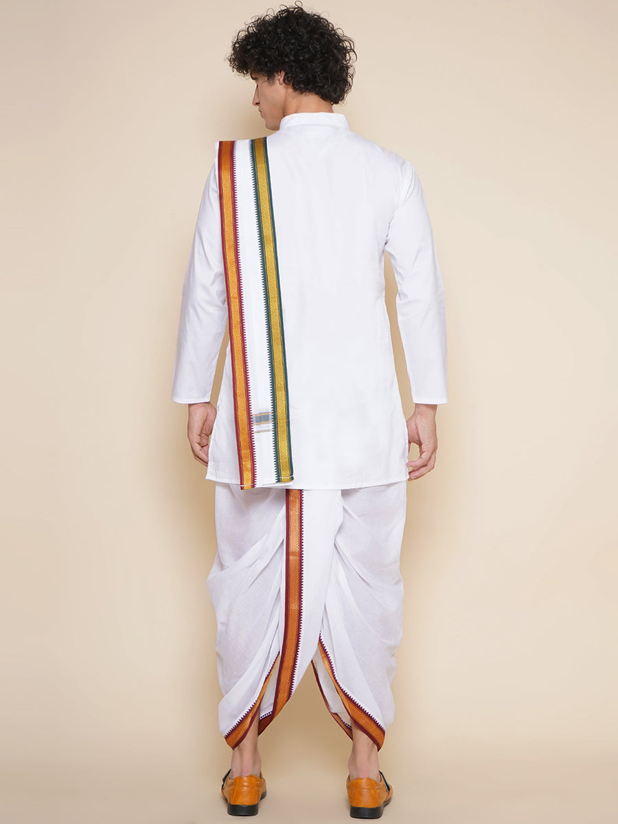 Men Cotton White Colour Kurta and Dhoti Pant with Angavastram Set