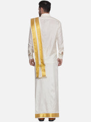 Men Self Design Art Silk Readymade Pocket Dhoti with Angavastram Set