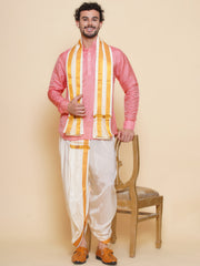 Sethukrishna Mens Self Design Short Kurta and Dhotipant with Angavastram Set