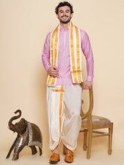 Sethukrishna Mens Self Design Short Kurta and Dhotipant with Angavastram Set